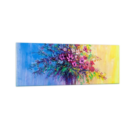 Impression sur verre - Image sur verre - Un bouquet de fleurs colorées dans un vase sur un fond dégradé - 140x50cm - Cadeau d'été de la prairie - Décoration murale moderne pour le salon et la chambre ARTTOR