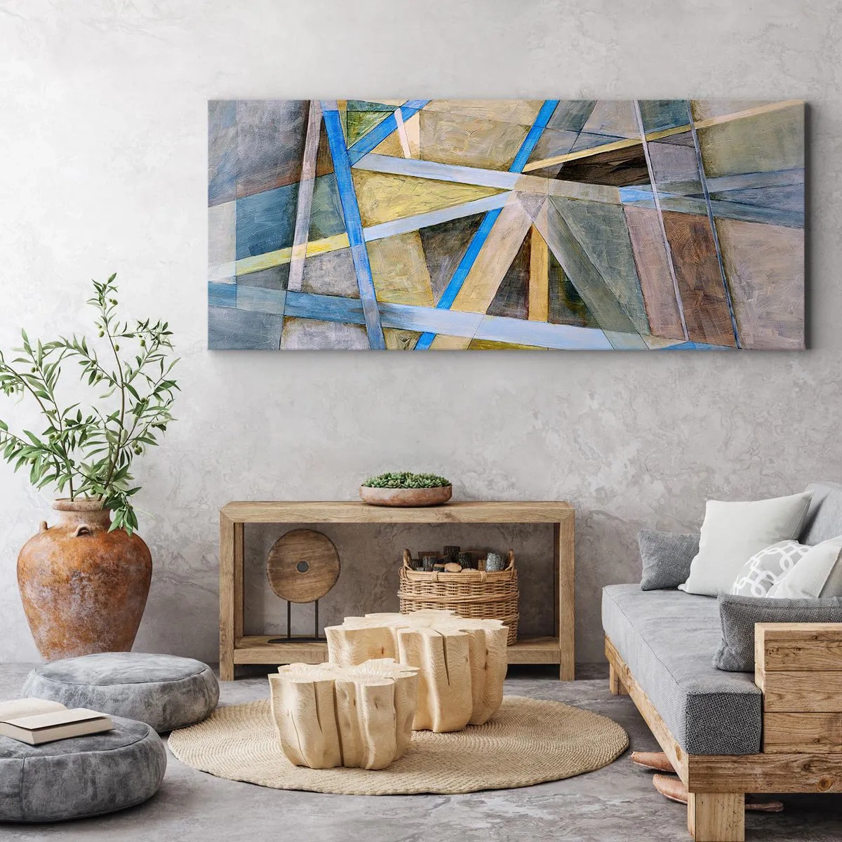 Impression sur toile - Image sur toile - Composition géométrique avec des lignes claires et bleues - 120x50cm - Tout droit ou en diagonale ? - Décoration murale moderne pour le salon et la chambre ARTTOR