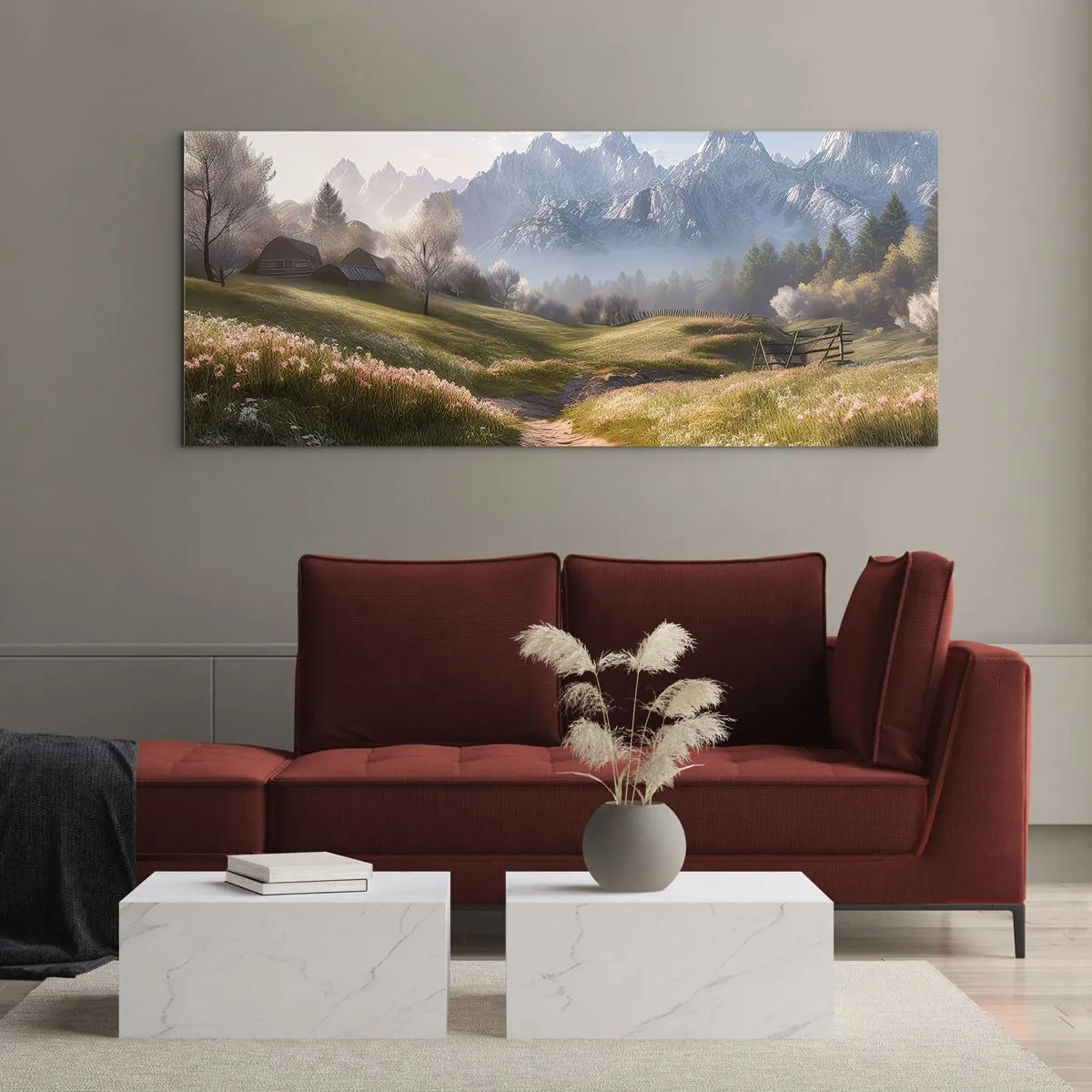 Impression sur verre - Image sur verre - Une vallée de montagne avec des prairies, des cabanes et une vue sur les sommets - 120x50cm - Vallée idyllique - Décoration murale moderne pour le salon et la chambre ARTTOR