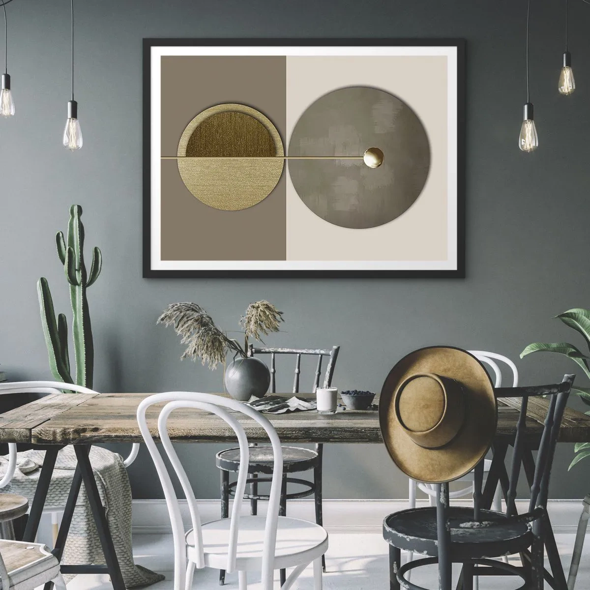 Affiche dans un cadre noir - Poster - Cercles abstraits dans les tons or et beige - 70x50cm - Équilibre parfait - Décoration murale moderne pour le salon et la chambre ARTTOR