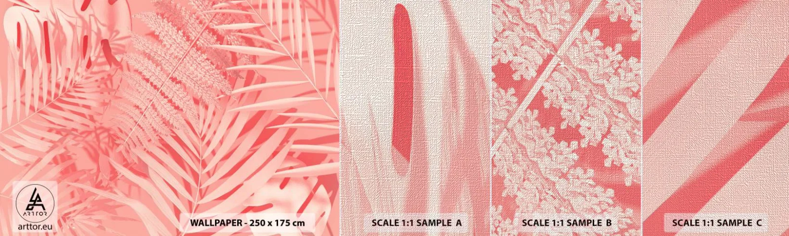 Échantillon de Papier Peint Premium Canvas - Concept de rose - Abstraction, Feuille de palmier, Graphique - 100x30 cm