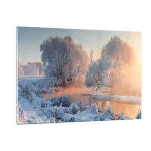 Impression sur verre - Image sur verre - Paysage d'hiver avec un lac gelé et un brouillard matinal - 120x80cm - Tout dans le soleil brille en cristal - Décoration murale moderne pour le salon et la chambre ARTTOR
