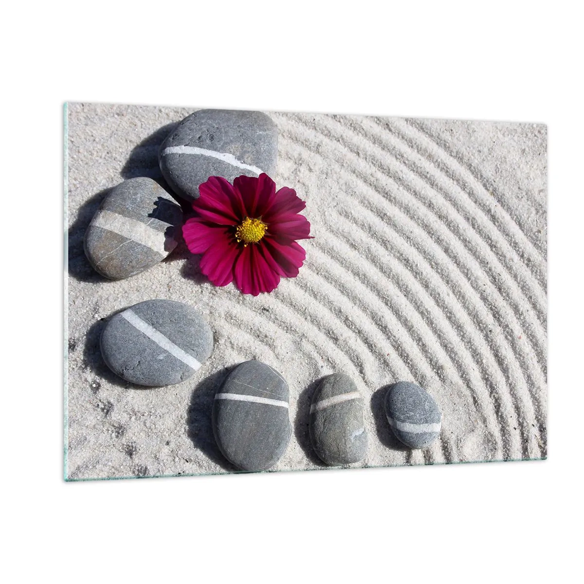 Impression sur verre - Image sur verre - Pierres à rayures blanches et une fleur violette sur le sable dans un style zen - 120x80cm - Énergie et paix du cercle magique de la nature - Décoration murale moderne pour le salon et la chambre ARTTOR