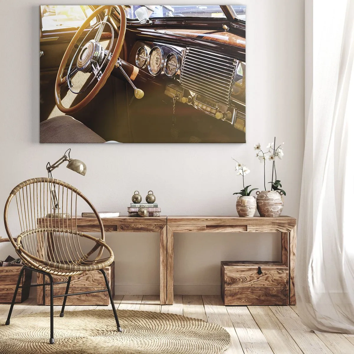 Impression sur toile - Image sur toile - Gros plan de l'intérieur d'une voiture classique avec des détails en bois et en chrome. - 100x70cm - Souffle de luxe venu du passé - Décoration murale moderne pour le salon et la chambre ARTTOR