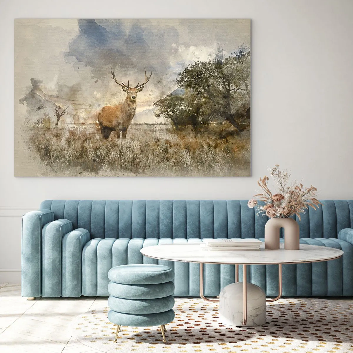 Impression sur verre - Image sur verre - Un cerf dans un paysage naturel avec des couleurs subtiles en arrière-plan - 70x50cm - Dignité - force - majesté - Décoration murale moderne pour le salon et la chambre ARTTOR