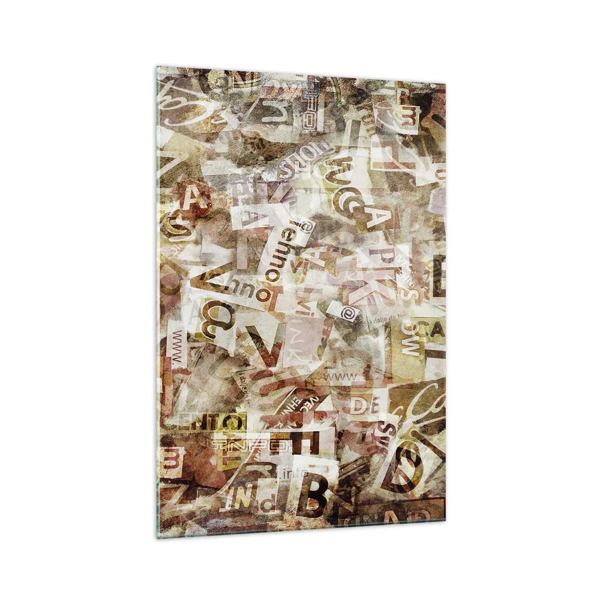 Impression sur verre - Image sur verre - Composition abstraite avec lettres et fragments de texte - 70x100cm - J'unifie le bavardage - Décoration murale moderne pour le salon et la chambre ARTTOR