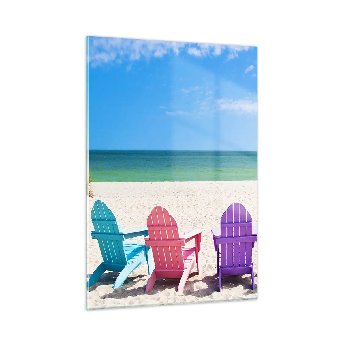 Impression sur verre - Image sur verre - Chaises colorées sur une plage de sable avec vue sur la mer - 50x70cm - Plage arc-en-ciel - Décoration murale moderne pour le salon et la chambre ARTTOR