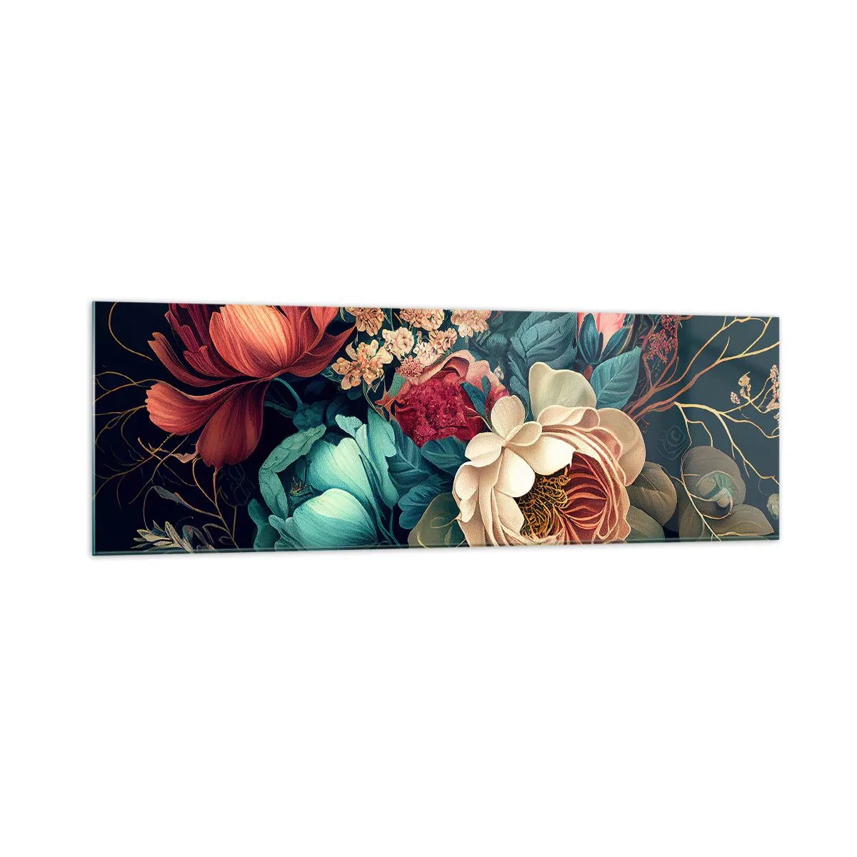 Impression sur verre - Image sur verre - Une composition colorée de fleurs sur un fond sombre - 160x50cm - le charme du 19ème siècle - Décoration murale moderne pour le salon et la chambre ARTTOR