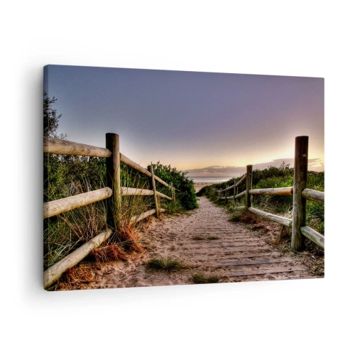 Impression sur toile - Image sur toile - Chemin en bois dans les dunes menant à la plage au coucher du soleil - 70x50cm - On voit déjà le but - Décoration murale moderne pour le salon et la chambre ARTTOR