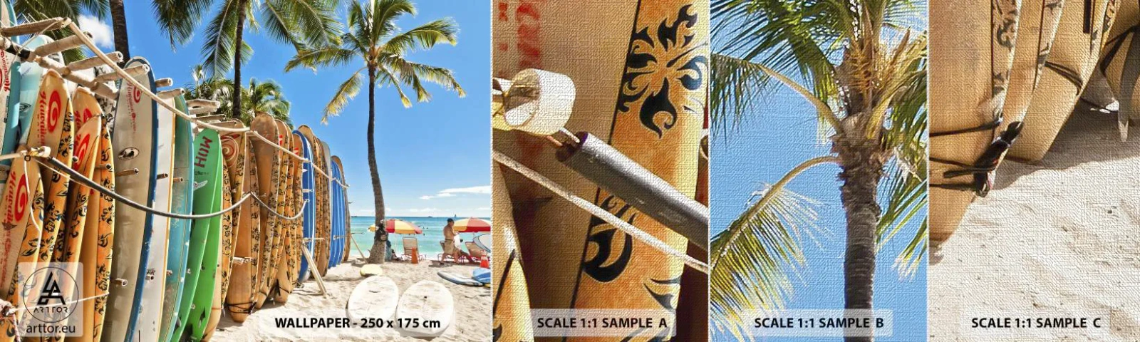 Échantillon de Papier Peint Premium Canvas - Jeux ensoleillés - Paysage, Planche de surf, Plage - 100x30 cm