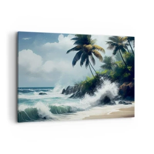 Impression sur toile - Image sur toile - Rivage tropical avec palmiers et mer agitée - 120x80cm - Sur une côte tropicale - Décoration murale moderne pour le salon et la chambre ARTTOR