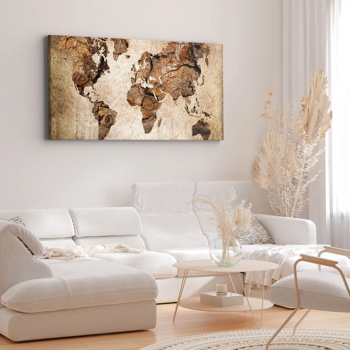 Impression sur toile - Image sur toile - Une carte du monde dans un style rustique en bois - 140x50cm - Découverte du monde - Décoration murale moderne pour le salon et la chambre ARTTOR