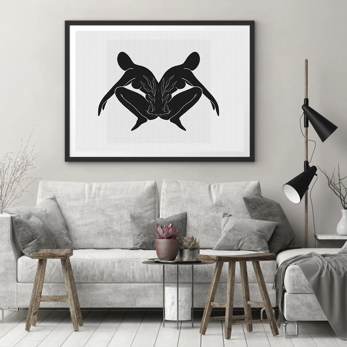 Affiche dans un cadre noir - Poster - Silhouettes noires en position symétrique sur fond blanc - 100x70cm - Une âme commune - Décoration murale moderne pour le salon et la chambre ARTTOR