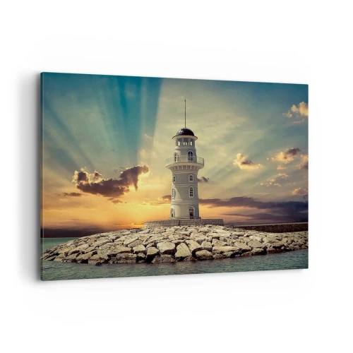 Impression sur toile - Image sur toile - Un phare au coucher du soleil contre le ciel - 100x70cm - Lumière - Bonté - Beauté - Décoration murale moderne pour le salon et la chambre ARTTOR