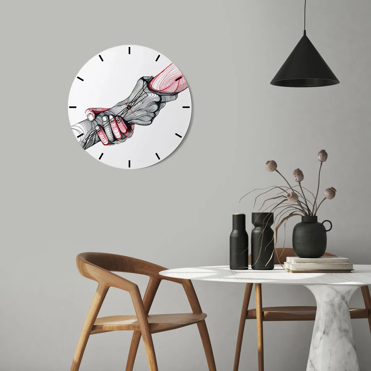 Horloge murale - Pendule murale - Mains artistiques dans une poignée de main, dessin au contour noir et rouge - 30x30cm - Vous êtes entre de bonnes mains - Décoration murale moderne pour le salon, la cuisine et la chambre ARTTOR