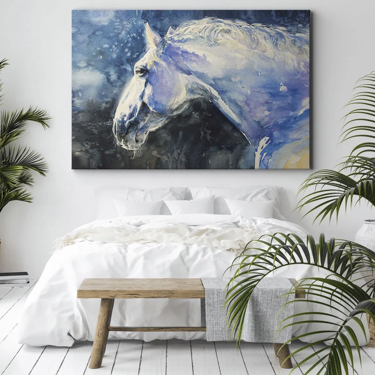 Impression sur toile - Image sur toile - Portrait d'un cheval dans des tons de bleu avec un effet aquarelle pictural. - 100x70cm - Portrait dans une lueur azur - Décoration murale moderne pour le salon et la chambre ARTTOR