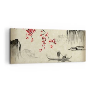 Impression sur toile - Image sur toile - Illustration orientale avec un bateau et une branche fleurie - 120x50cm - Au pays des cerisiers en fleurs - Décoration murale moderne pour le salon et la chambre ARTTOR