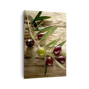 Impression sur toile - Image sur toile - Branche d'olivier avec des fruits sur un fond de bois vieilli - 70x100cm - Directement de la nature - Décoration murale moderne pour le salon et la chambre ARTTOR