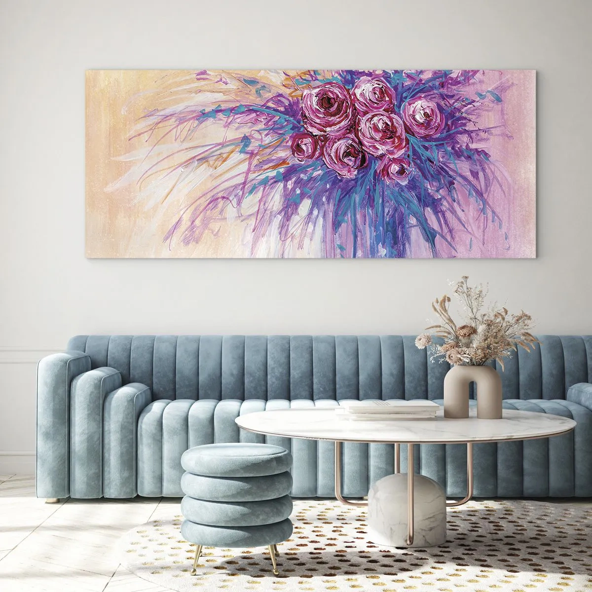 Impression sur verre - Image sur verre - Un bouquet de roses aux couleurs pastel - 120x50cm - Fontaine aux roses - Décoration murale moderne pour le salon et la chambre ARTTOR