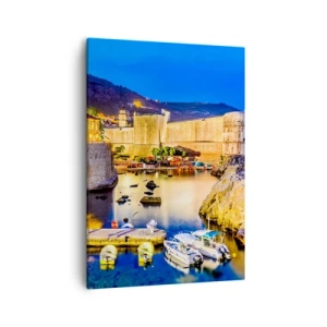 Impression sur toile - Image sur toile - Un port pittoresque la nuit avec des bâtiments illuminés - 50x70cm - Nuit illuminée sur l'Adriatique - Décoration murale moderne pour le salon et la chambre ARTTOR