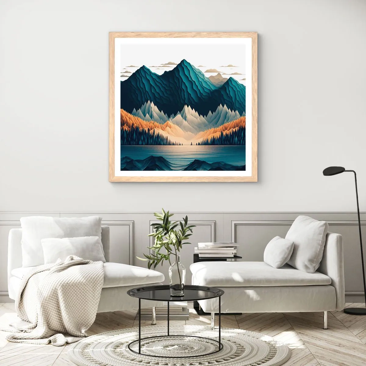 Affiche dans un chêne clair - Poster - Paysage de montagne parfait - 40x40 cm