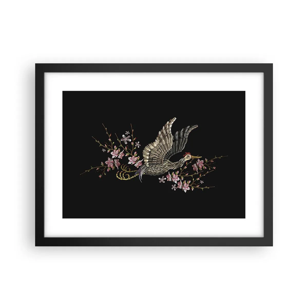 Affiche dans un cadre noir - Poster - Oiseau brodé exotique - 40x30 cm