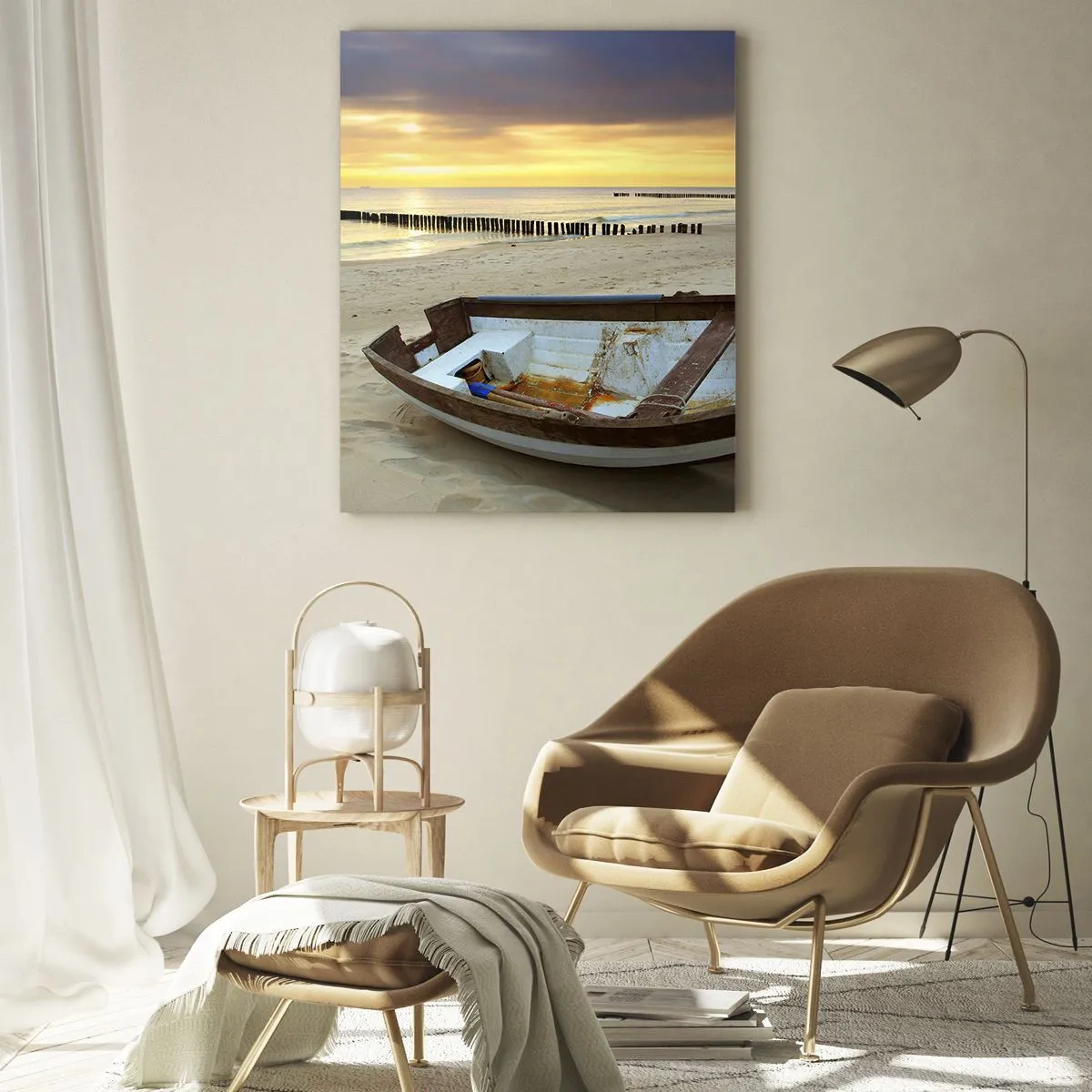 Impression sur verre - Image sur verre - Un bateau sur une plage de sable au coucher du soleil - 70x100cm - Il n'y a pas de plus belles plages - Décoration murale moderne pour le salon et la chambre ARTTOR