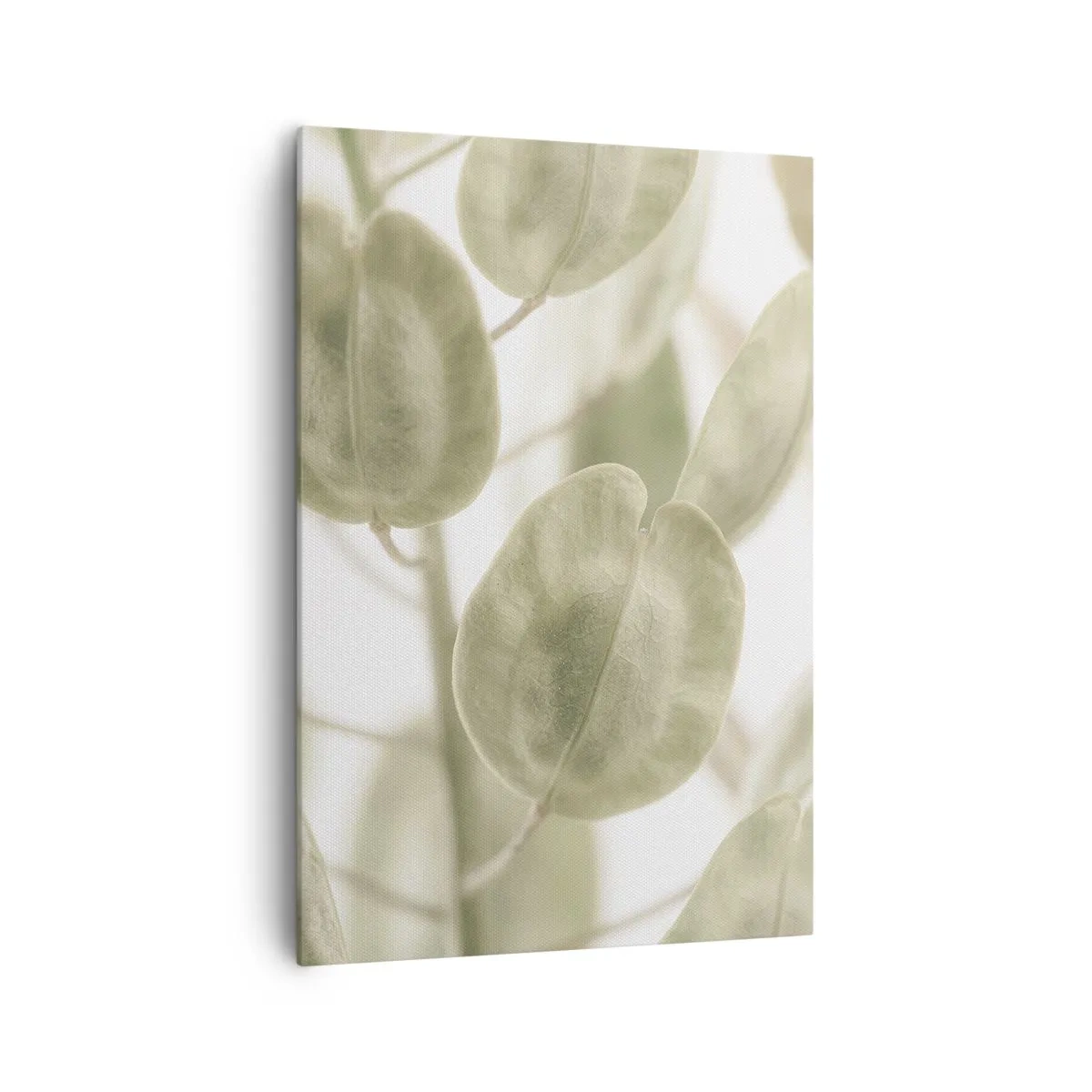 Impression sur toile - Image sur toile - Une peinture délicate de feuilles dans des tons pastel de vert sur un fond clair. - 70x100cm - Au commencement il y avait des feuilles... - Décoration murale moderne pour le salon et la chambre ARTTOR