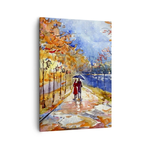 Impression sur toile - Image sur toile - Une promenade d'automne dans le parc au bord de la rivière sous un parasol - 50x70cm - Ensemble jusqu'au bout du temps - Décoration murale moderne pour le salon et la chambre ARTTOR