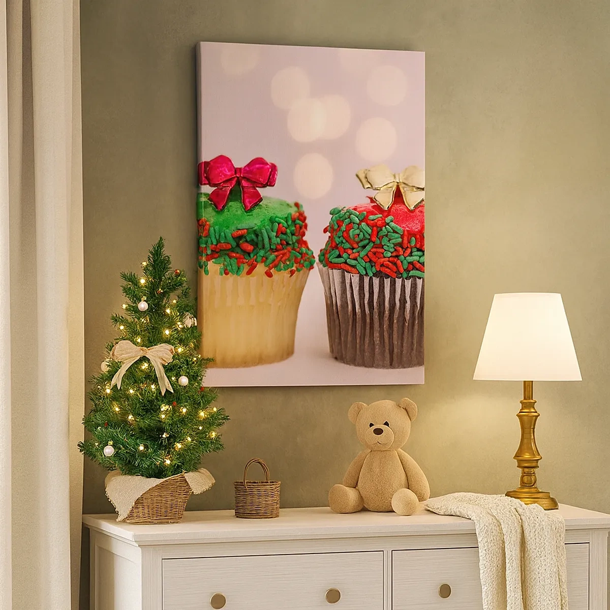 Impression sur toile - Image sur toile - Cupcakes de Noël avec des paillettes et des nœuds colorés - 50x70cm - Une sucrerie après la cocarde - Décoration murale moderne pour le salon et la chambre ARTTOR