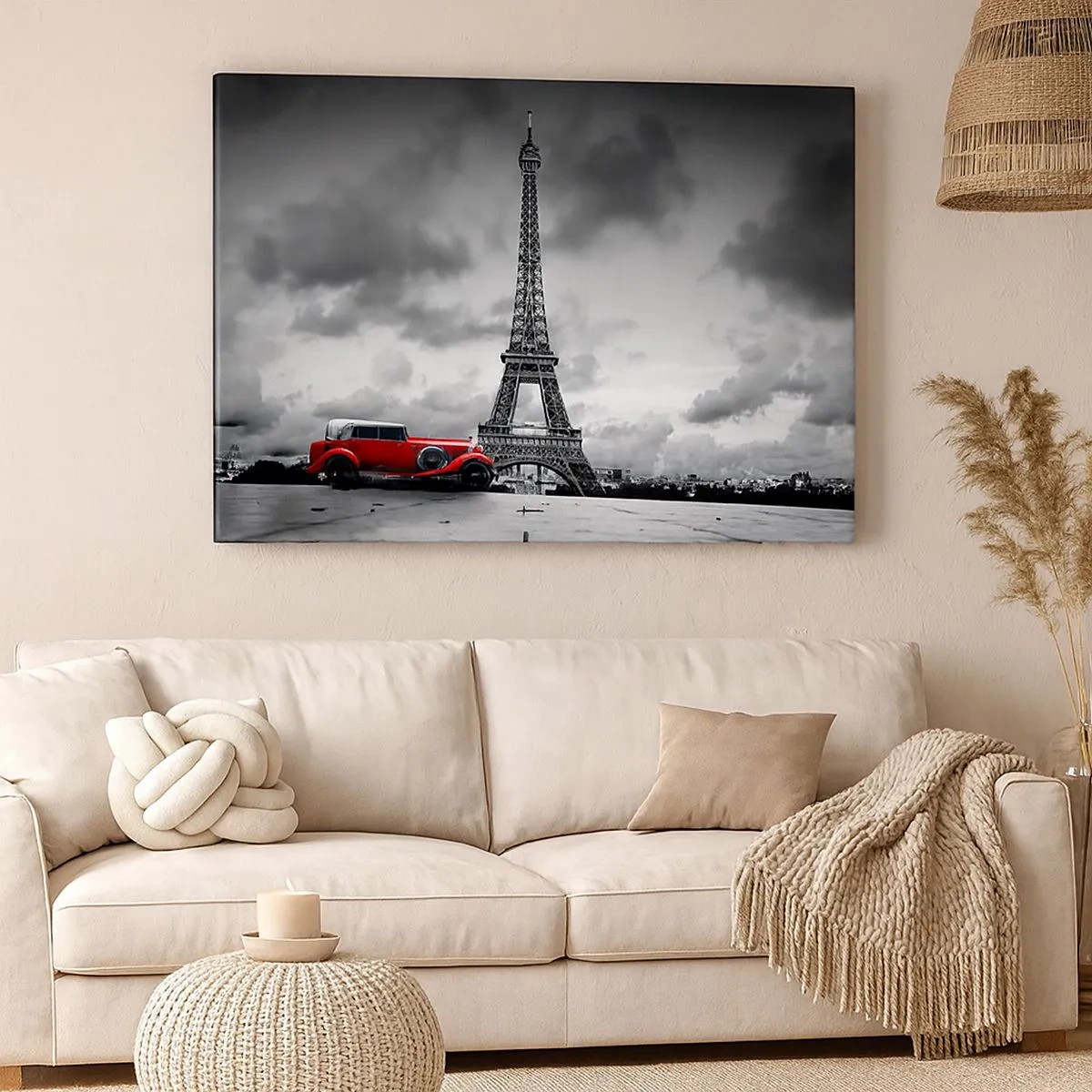 Impression sur toile - Image sur toile - Voiture rétro rouge devant la Tour Eiffel en noir et blanc - 70x50cm - Il n'y a pas si longtemps à Paris - Décoration murale moderne pour le salon et la chambre ARTTOR