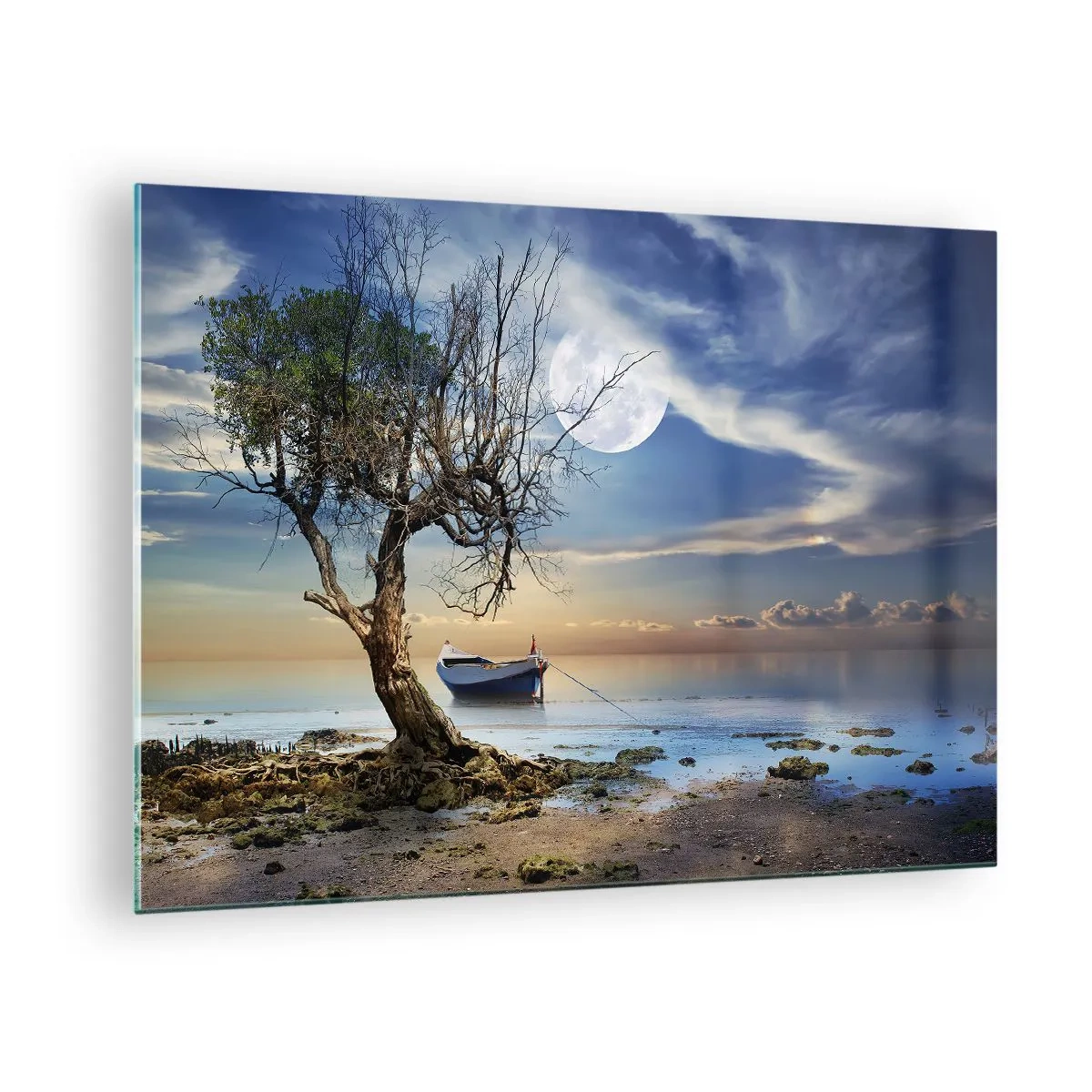 Impression sur verre - Image sur verre - Un bateau solitaire près d'un arbre sur fond de lune - 70x50cm - Est-ce la fin ou le début ? - Décoration murale moderne pour le salon et la chambre ARTTOR