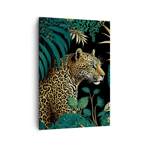 Impression sur toile - Image sur toile - Léopard dans des feuilles tropicales sur fond noir - 50x70cm - Un hôte dans la jungle - Décoration murale moderne pour le salon et la chambre ARTTOR