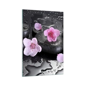 Impression sur verre - Image sur verre - Pierres noires et fleurs roses style spa - 70x100cm - Et le cœur s'allège soudainement - Décoration murale moderne pour le salon et la chambre ARTTOR