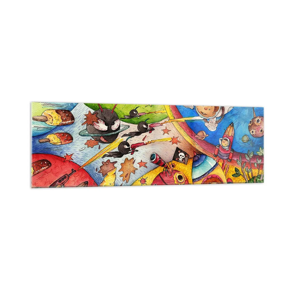 Impression sur verre - Image sur verre - Une scène spatiale colorée pleine d'enfants et de vaisseaux spatiaux - 160x50cm - Grande aventure spatiale - Décoration murale moderne pour le salon et la chambre ARTTOR