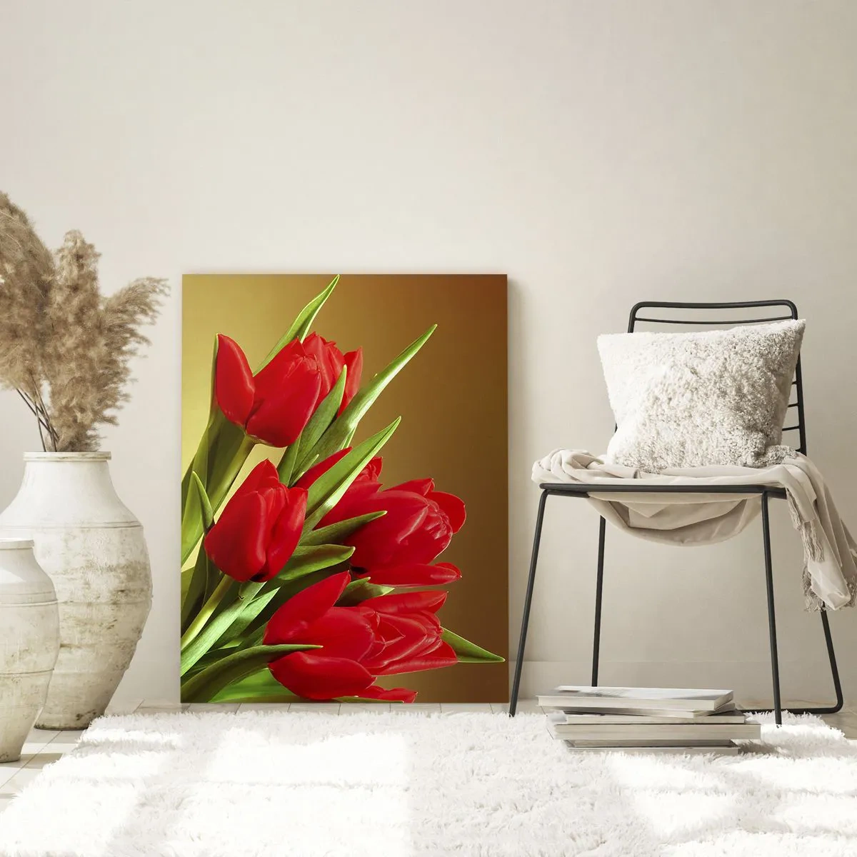 Impression sur verre - Image sur verre - Un bouquet de tulipes rouges sur fond doré avec des feuilles vertes. - 70x100cm - Amas de joie printanière - Décoration murale moderne pour le salon et la chambre ARTTOR