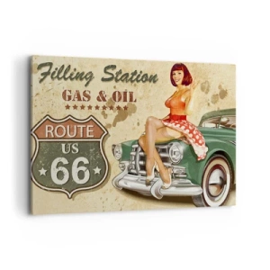 Impression sur toile - Image sur toile - Affiche rétro de la Route 66 avec une pin-up et une voiture - 100x70cm - Les superbes années 40. - Décoration murale moderne pour le salon et la chambre ARTTOR