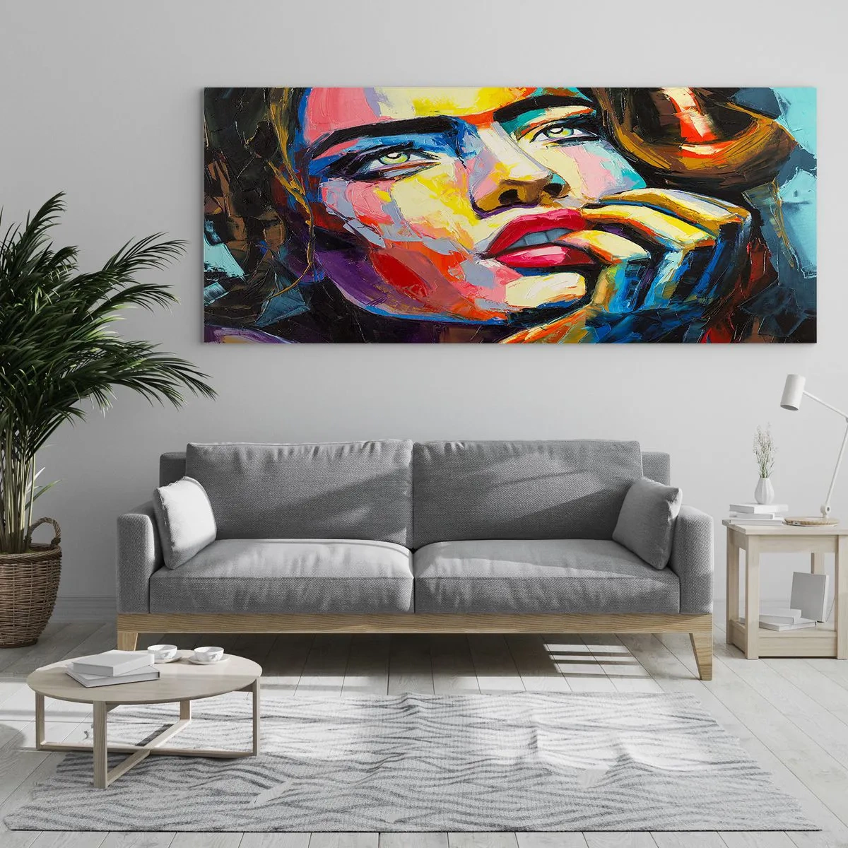 Impression sur verre - Image sur verre - Portrait coloré d'une femme dans le style expressionniste - 160x50cm - Les rêves volent dans le ciel comme des oiseaux - Décoration murale moderne pour le salon et la chambre ARTTOR