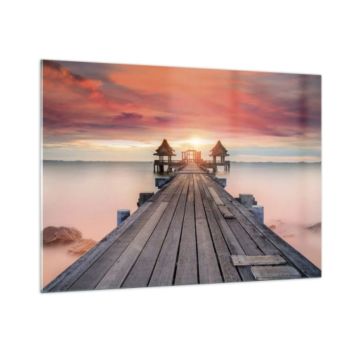 Impression sur verre - Image sur verre - Jetée en bois menant aux belvédères au bord de l'eau au coucher du soleil - 100x70cm - L'Ouest à l'Est - Décoration murale moderne pour le salon et la chambre ARTTOR