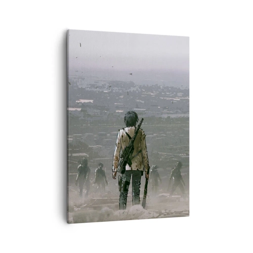 Impression sur toile - Image sur toile - Une silhouette avec une arme se tient devant un groupe dans un paysage dystopique. - 50x70cm - Dernier samaritain ? - Décoration murale moderne pour le salon et la chambre ARTTOR