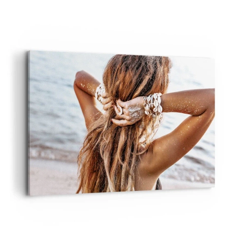 Impression sur toile - Image sur toile - Une femme sur la plage avec ses cheveux flottant au soleil - 120x80cm - La soeur de l'eau et du soleil - Décoration murale moderne pour le salon et la chambre ARTTOR