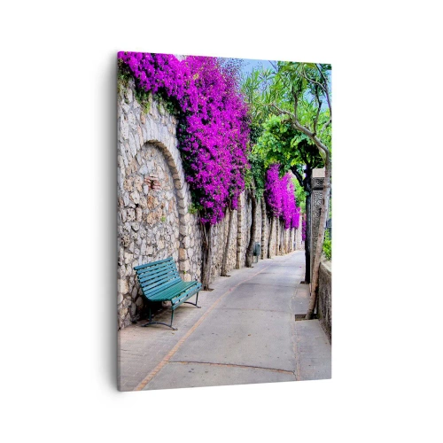 Impression sur toile - Image sur toile - Un chemin de pierre avec un banc et des fleurs violettes en fleurs - 50x70cm - Rencontrons-nous au plus vite - Décoration murale moderne pour le salon et la chambre ARTTOR