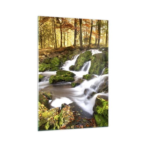 Impression sur verre - Image sur verre - Un paysage boisé avec une cascade entourée de mousse - 70x100cm - Rapidement à travers la forêt d'automne - Décoration murale moderne pour le salon et la chambre ARTTOR