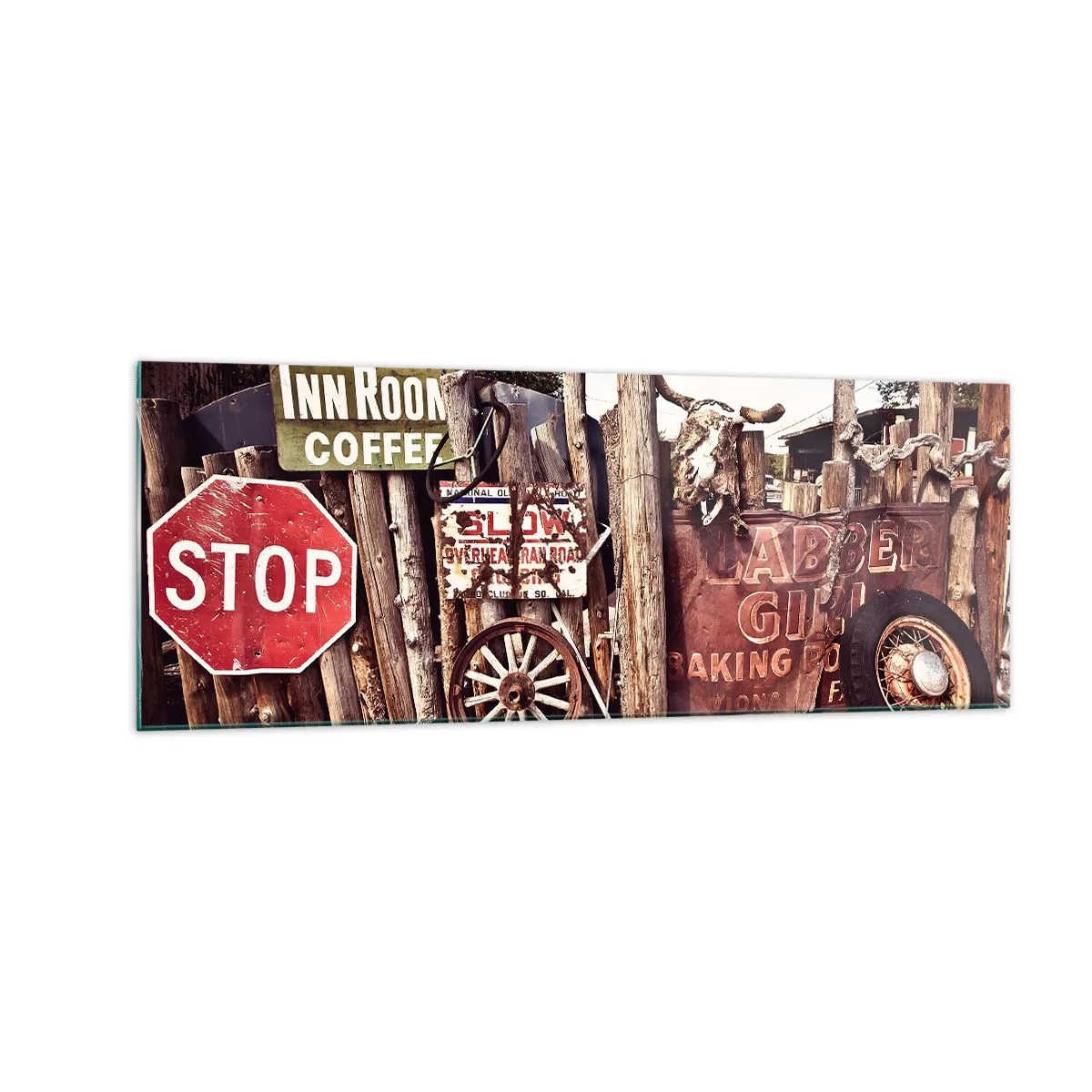 Impression sur verre - Image sur verre - Décorations rustiques avec des panneaux et une roue sur la clôture - 140x50cm - Et le temps s'est arrêté - Décoration murale moderne pour le salon et la chambre ARTTOR