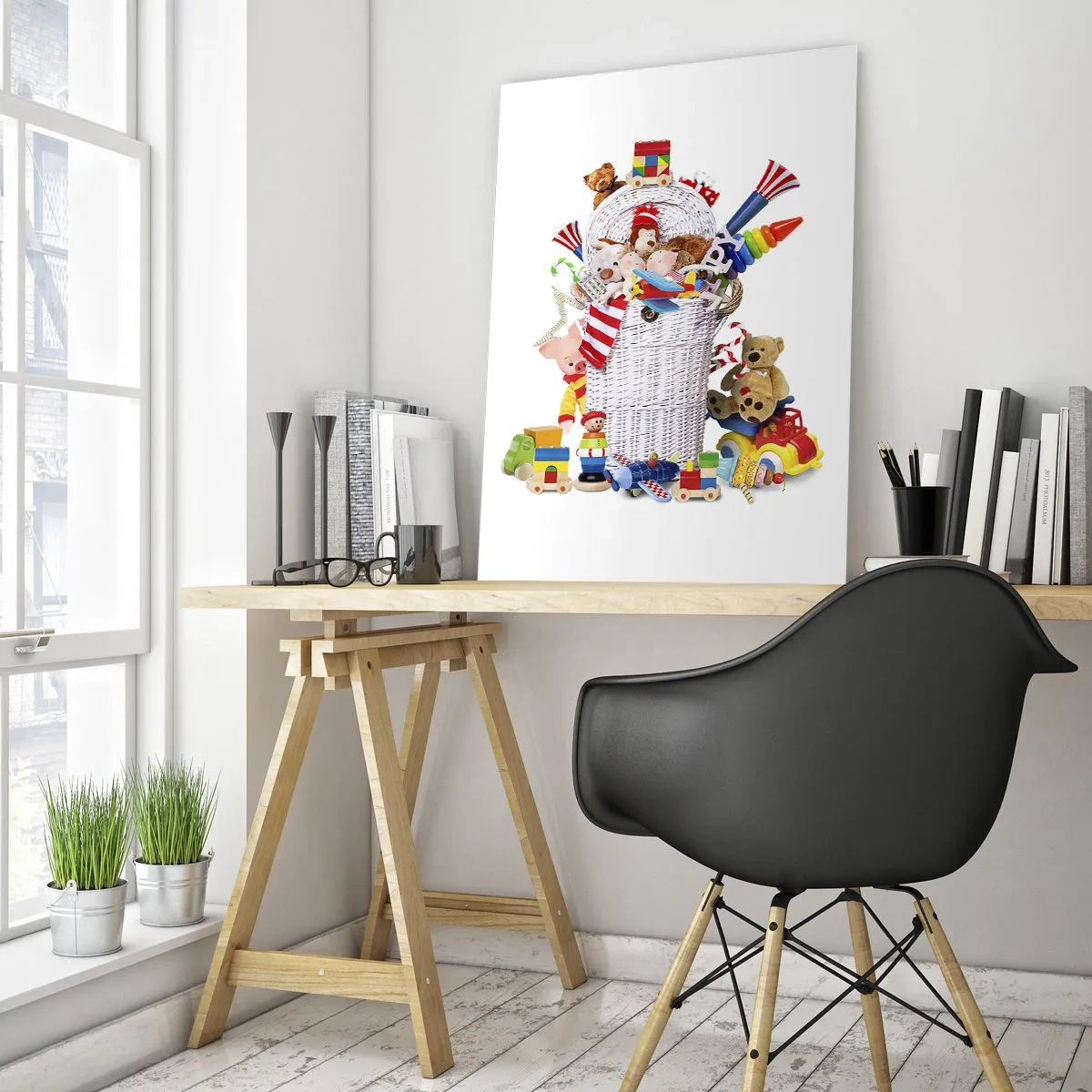 Impression sur verre - Image sur verre - Un panier coloré rempli de jouets pour enfants - 80x120cm - Trésors des tout-petits - Décoration murale moderne pour le salon et la chambre ARTTOR