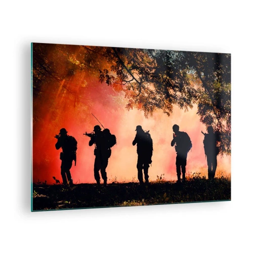 Impression sur verre - Image sur verre - Un groupe de soldats marchant sur fond de forêt en feu. - 70x50cm - … Tous pour un. - Décoration murale moderne pour le salon et la chambre ARTTOR