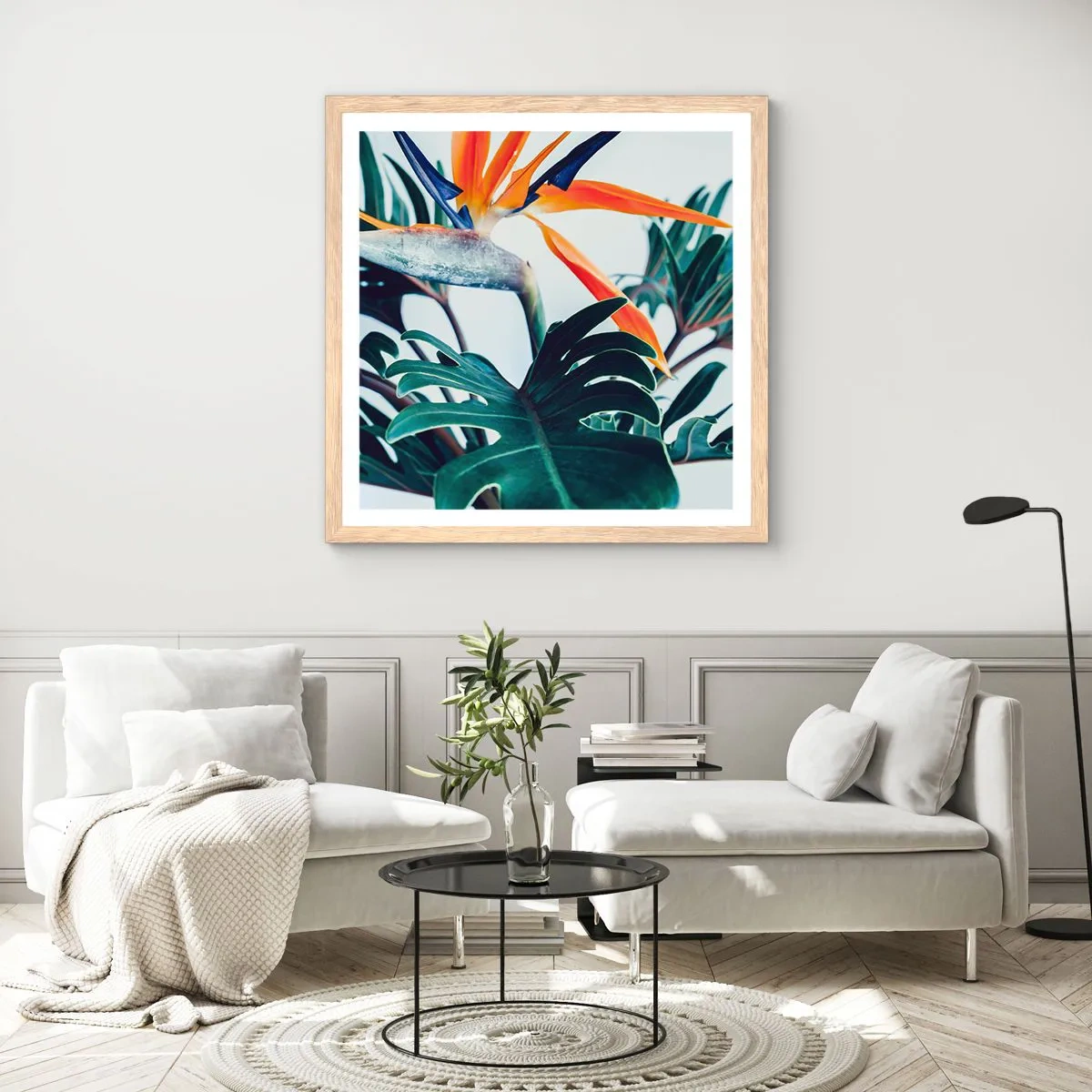 Affiche dans un chêne clair - Poster - Le buisson oiseaux - 50x50 cm