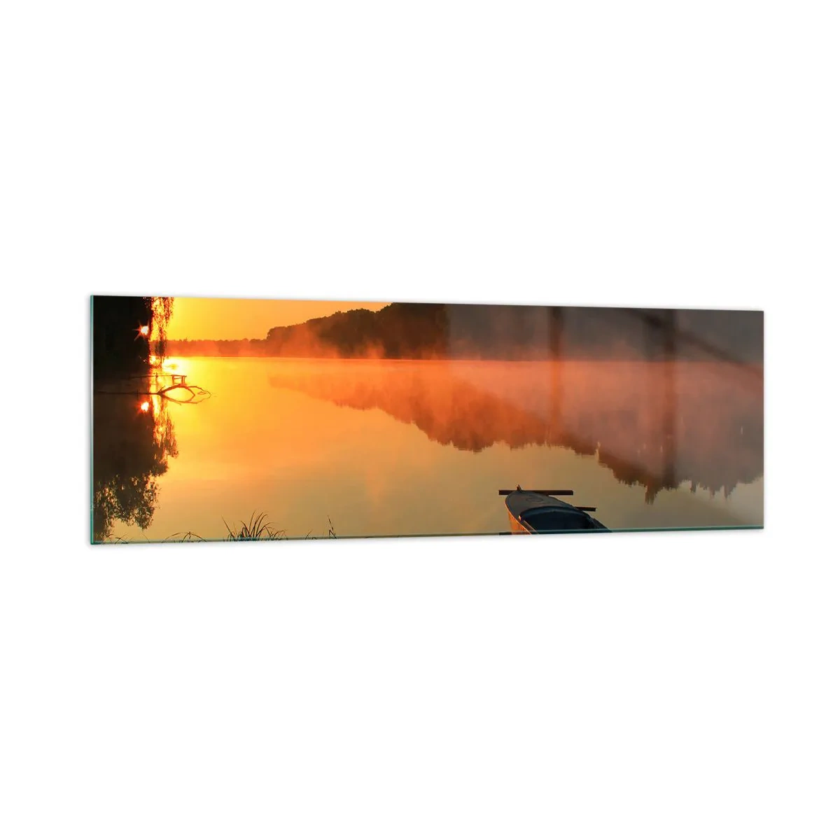 Impression sur verre - Image sur verre - Brouillard matinal sur la rivière avec un bateau sous les rayons du soleil - 160x50cm - Lever du soleil sur l'eau comme un miroir - Décoration murale moderne pour le salon et la chambre ARTTOR