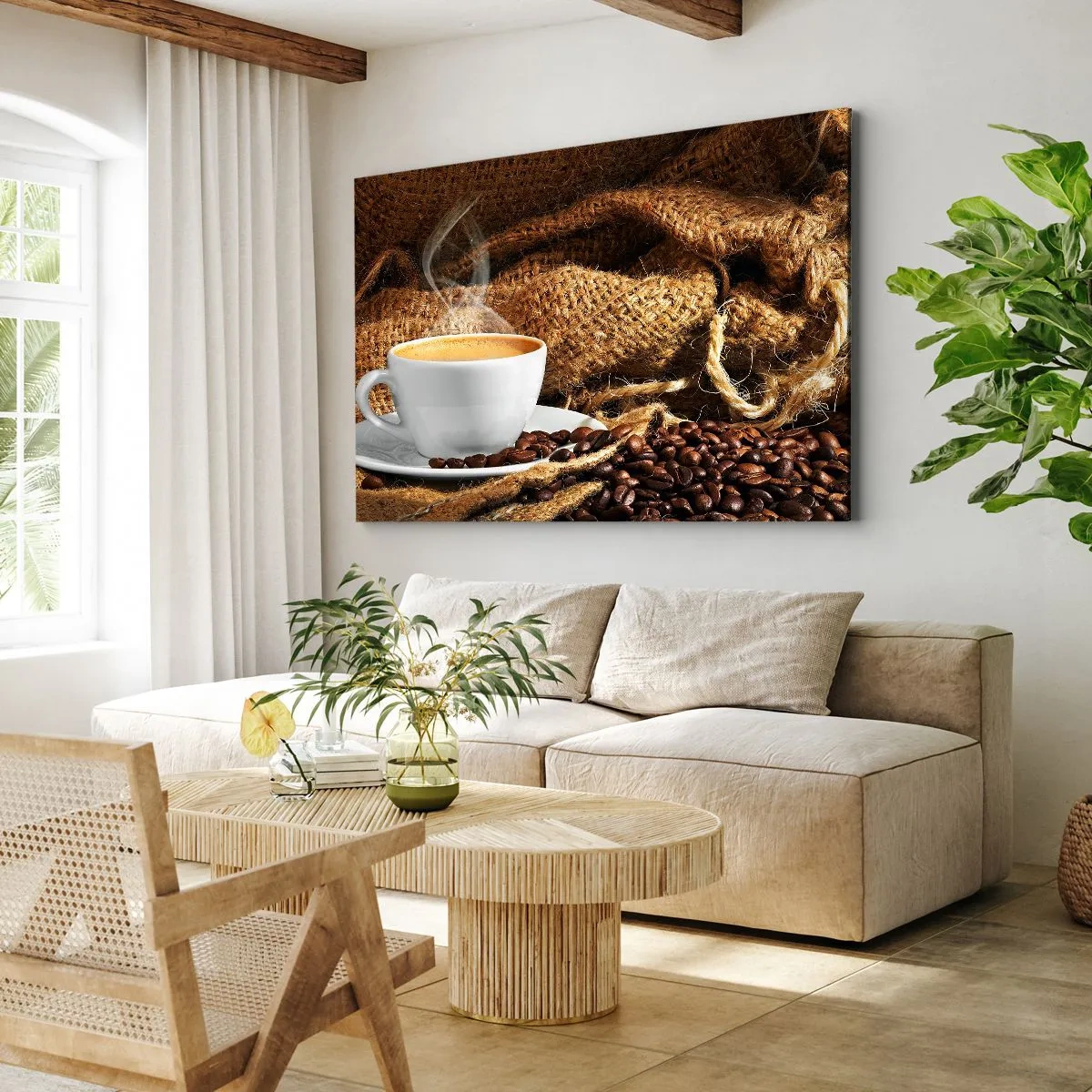 Impression sur toile - Image sur toile - Une tasse de café entourée d'un sac de grains de café - 120x80cm - L'odeur du moka et la densité du miel liquide - Décoration murale moderne pour le salon et la chambre ARTTOR