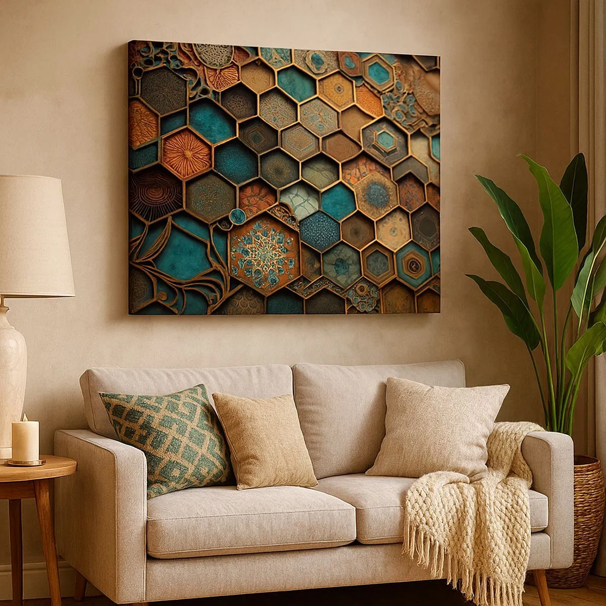 Impression sur toile - Image sur toile - Ornements colorés aux motifs hexagonaux - 70x50cm - Ornements arabes – variation - Décoration murale moderne pour le salon et la chambre ARTTOR